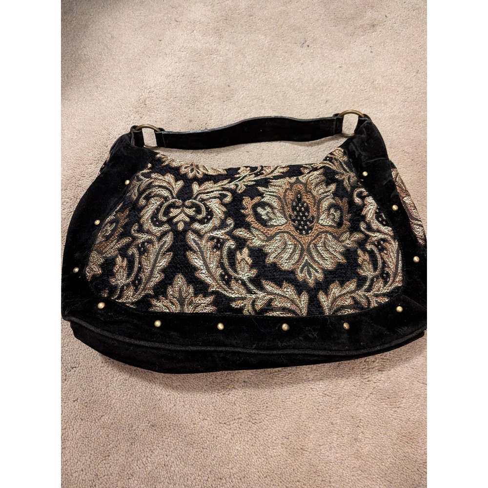 Vintage Style Black Gold Brocade Velvet Hobo Shoulder Bag Damask  unbranded